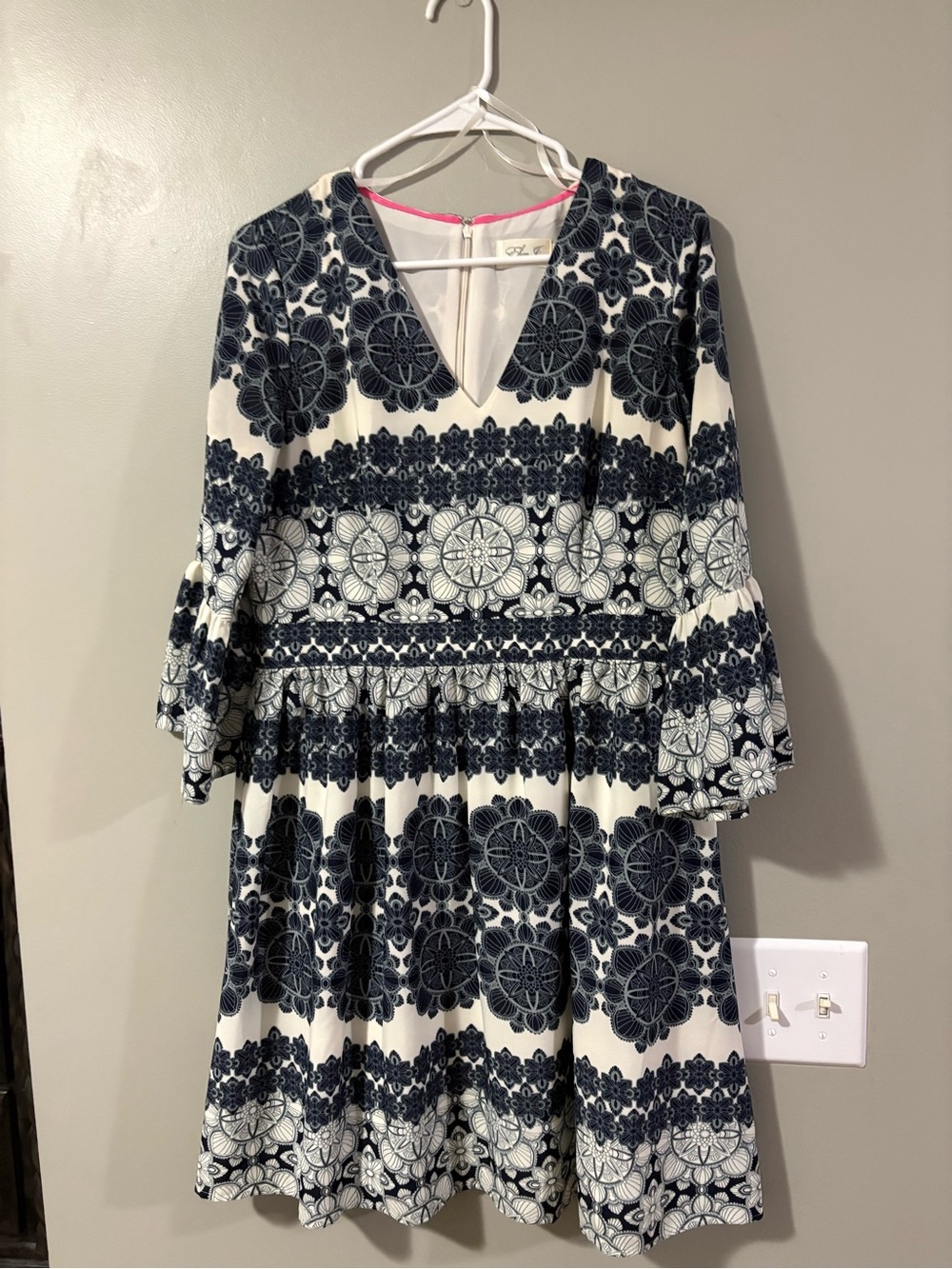 Eliza J White and Navy Floral Lace-Print Long Sleeve Dress